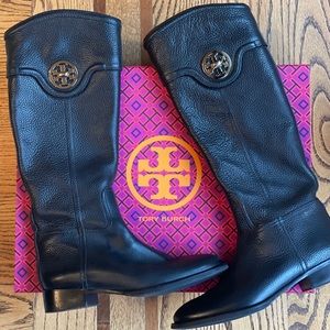 TORY BURCH Black Pebbled Leather Riding Boots - W8